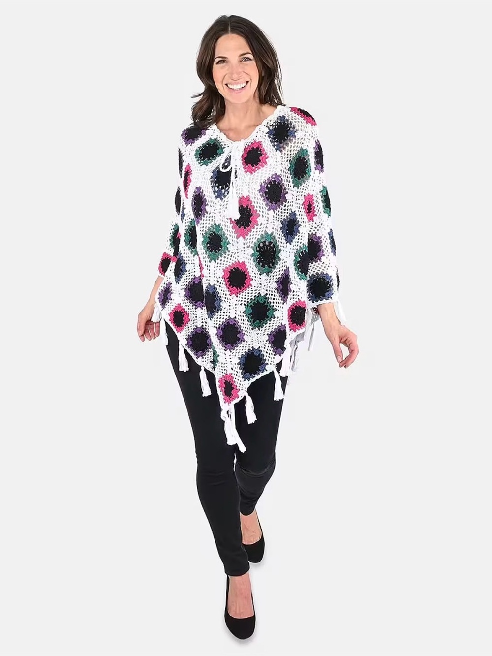 Passage Women's Cotton boho Poncho Crochet White and Multi Color Square Poncho